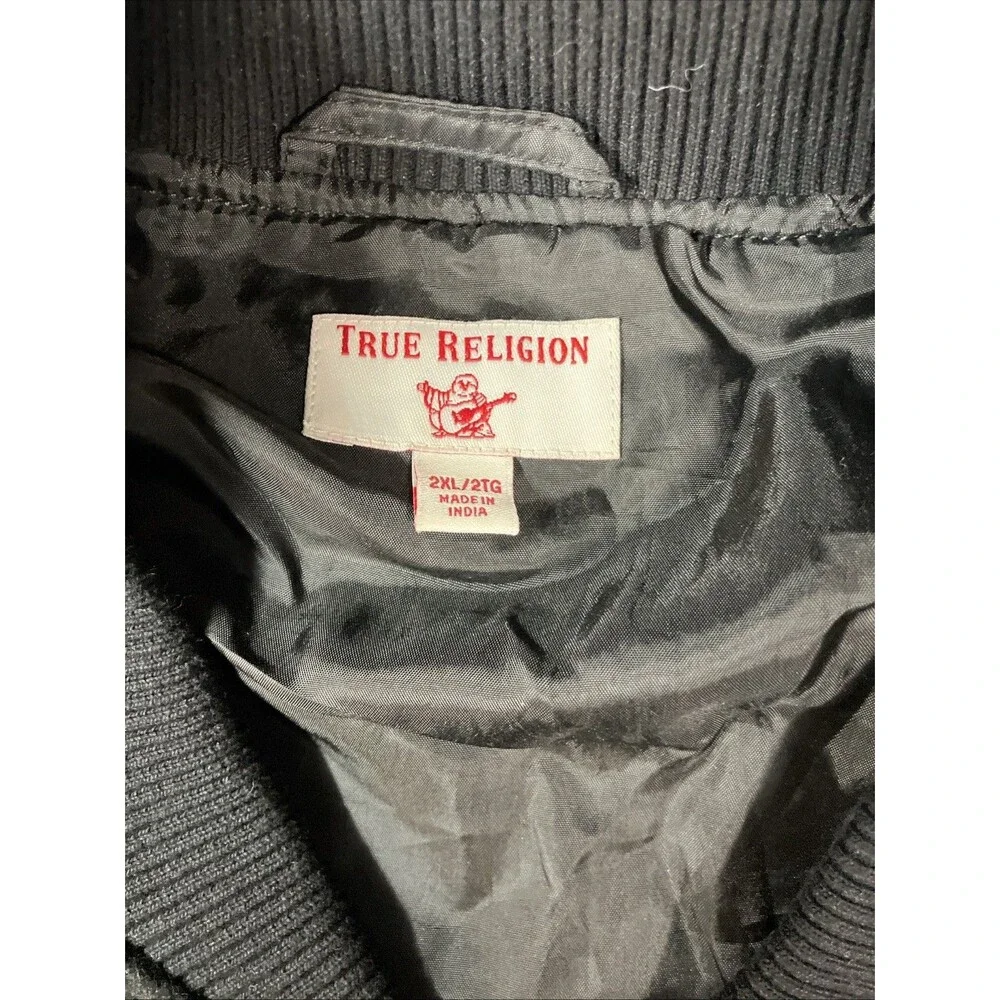 True Religion Varsity Jacket Mens Size 2XL Black Gold Full Zip Wool Bomber